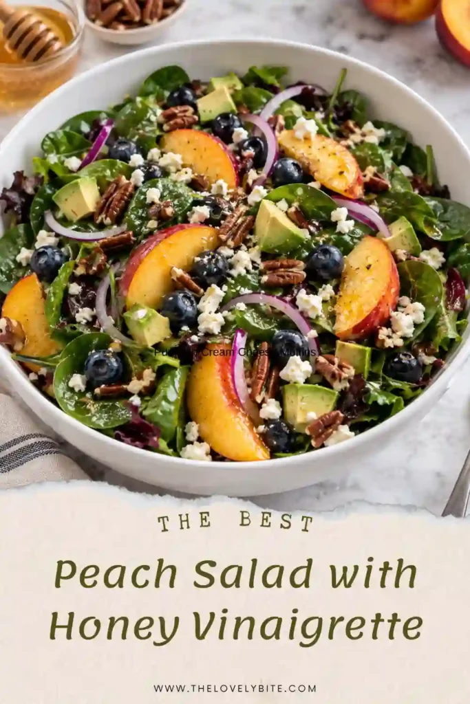 Peach salad with honey vinaigrette served in a large bowl with spring mix, ripe peaches, blueberries, avocado, feta, red onion, and pecans. This easy summer salad has a colorful and fresh presentation.