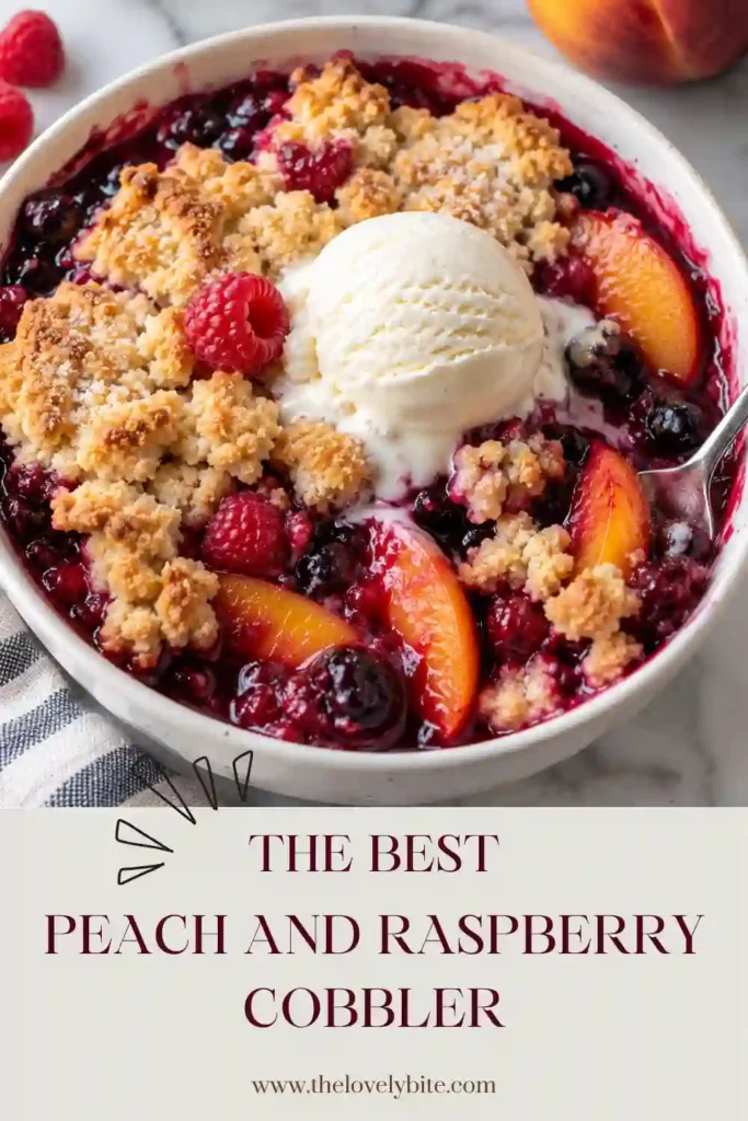 A warm peach and raspberry cobbler filled with juicy peach wedges and bright raspberries beneath a golden buttery topping. Flaked almonds add a delicate crunch to this easy peach dessert.