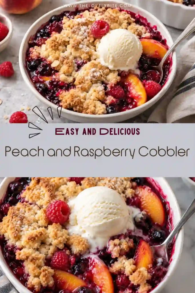 A homemade peach and raspberry cobbler served warm in a baking dish, with golden cobbler topping covering sweet summer fruit. The colorful peaches and raspberries create an inviting easy cobbler recipe.