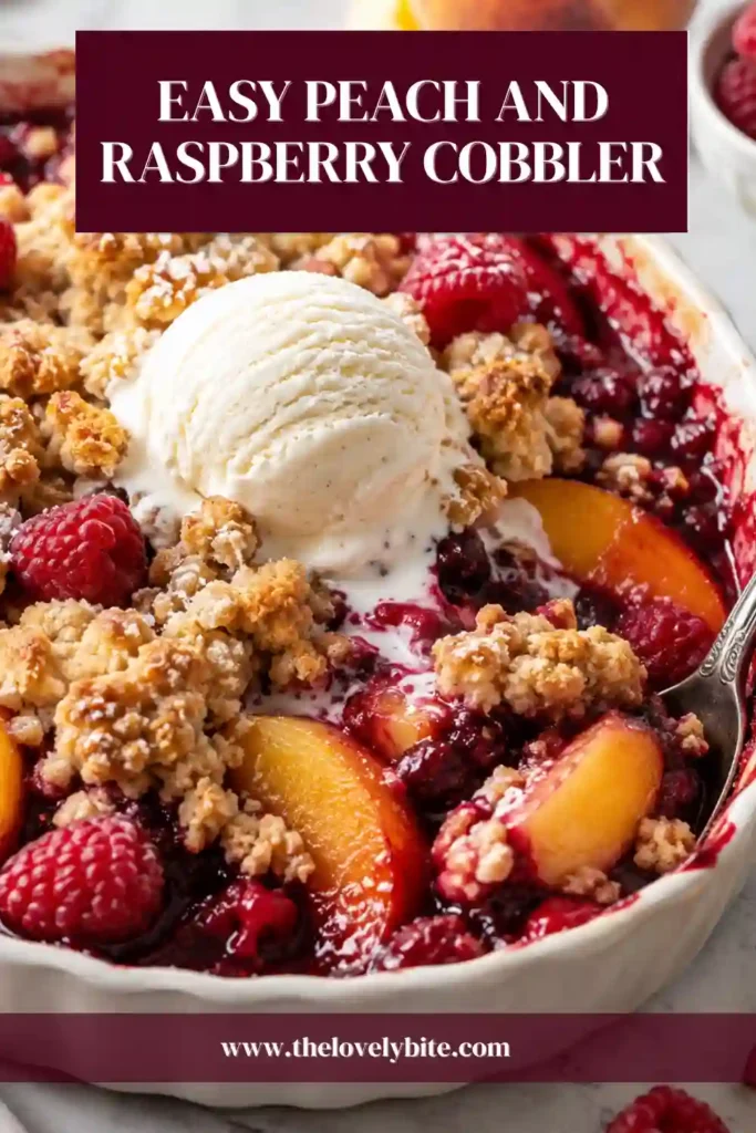 Close-up of peach and raspberry cobbler showing tender peaches, fresh raspberries, and a golden crumbly topping. The homemade peach dessert has a warm, rustic appearance perfect for summer baking.
