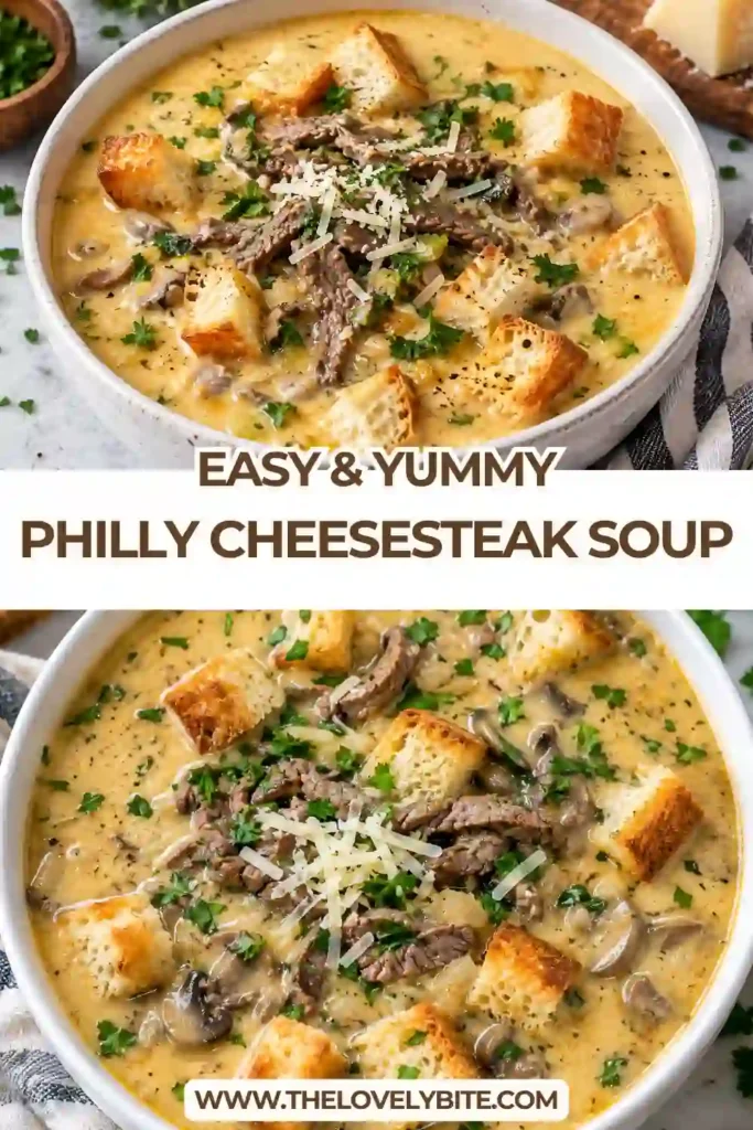 A warm bowl of Philly Cheesesteak Soup topped with sliced steak, sautéed peppers, crisp croutons, and fresh parsley. The creamy beef soup has a smooth, cheesy broth.