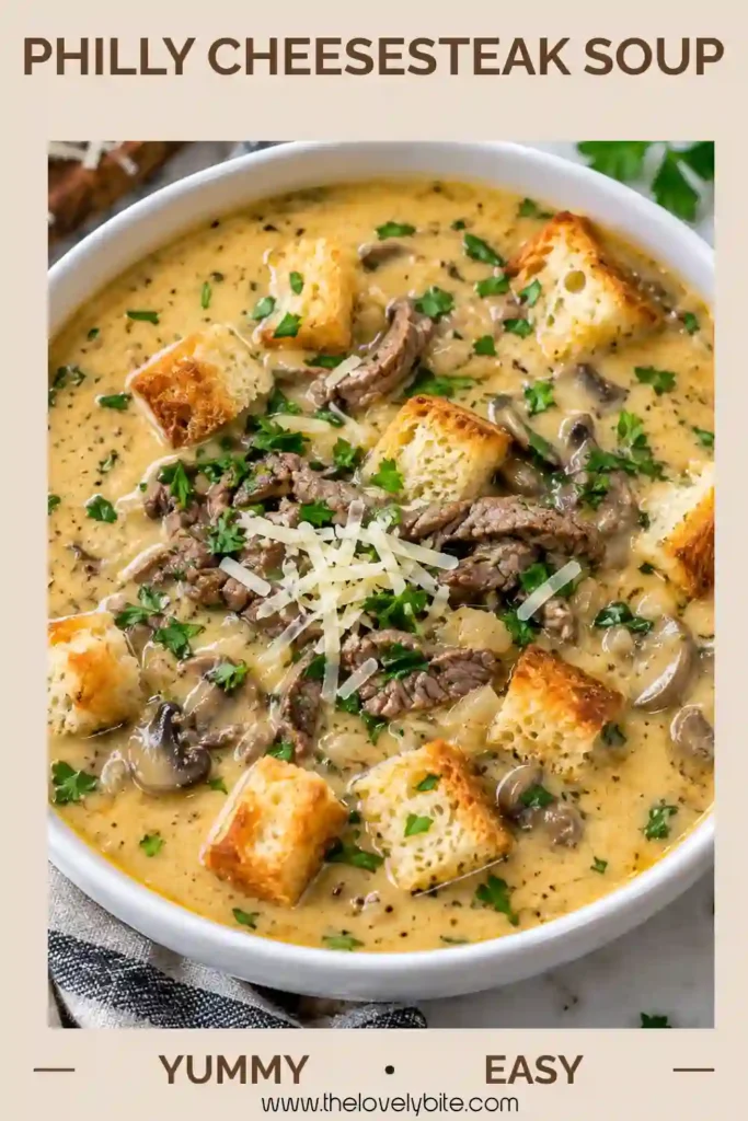 Homemade creamy Philly cheesesteak soup filled with tender beef, peppers, provolone, and white cheddar. Crunchy baguette croutons add a golden finishing touch.
