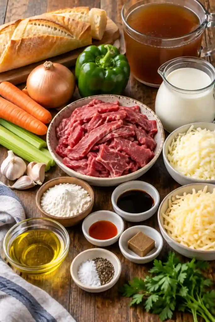 Creamy Philly Cheesesteak Soup served with tender sliced beef, green bell peppers, and golden croutons. Melted provolone and white cheddar create a rich, cheesy broth.