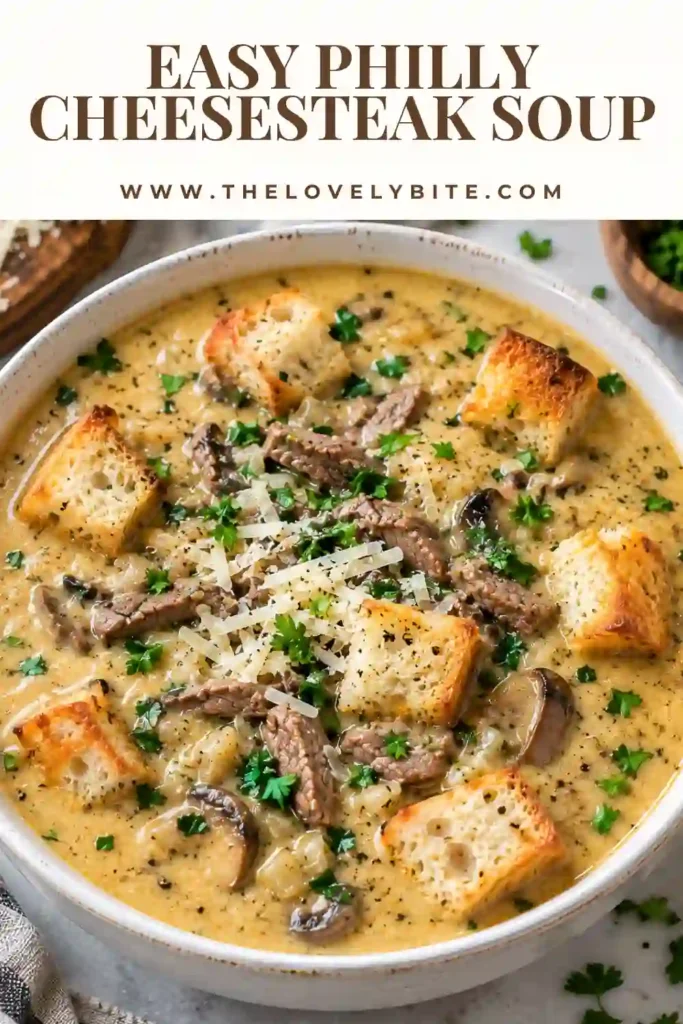Cheesy beef soup with sliced steak, green bell peppers, fresh parsley, and homemade croutons. This hearty Philly cheesesteak soup has a rich and creamy texture.