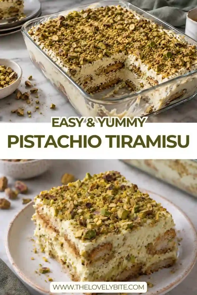 Pistachio tiramisu layered with coffee-soaked ladyfingers and creamy pistachio mascarpone filling. The chilled dessert is topped with pistachio cream and chopped pistachios.