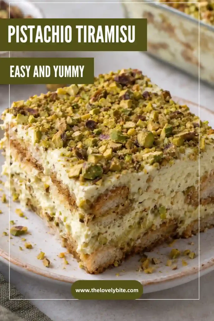 Creamy pistachio tiramisu served chilled with layers of coffee-soaked ladyfingers and fluffy pistachio mascarpone. Chopped pistachios add color and crunchy texture on top.
