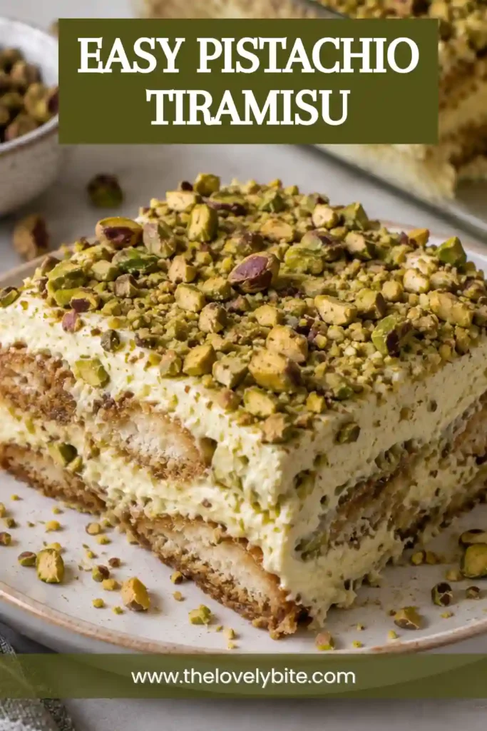 A slice of Italian pistachio tiramisu with soft ladyfingers, rich pistachio mascarpone cream, and a pistachio topping. The layered no-bake dessert has a creamy, light texture.
