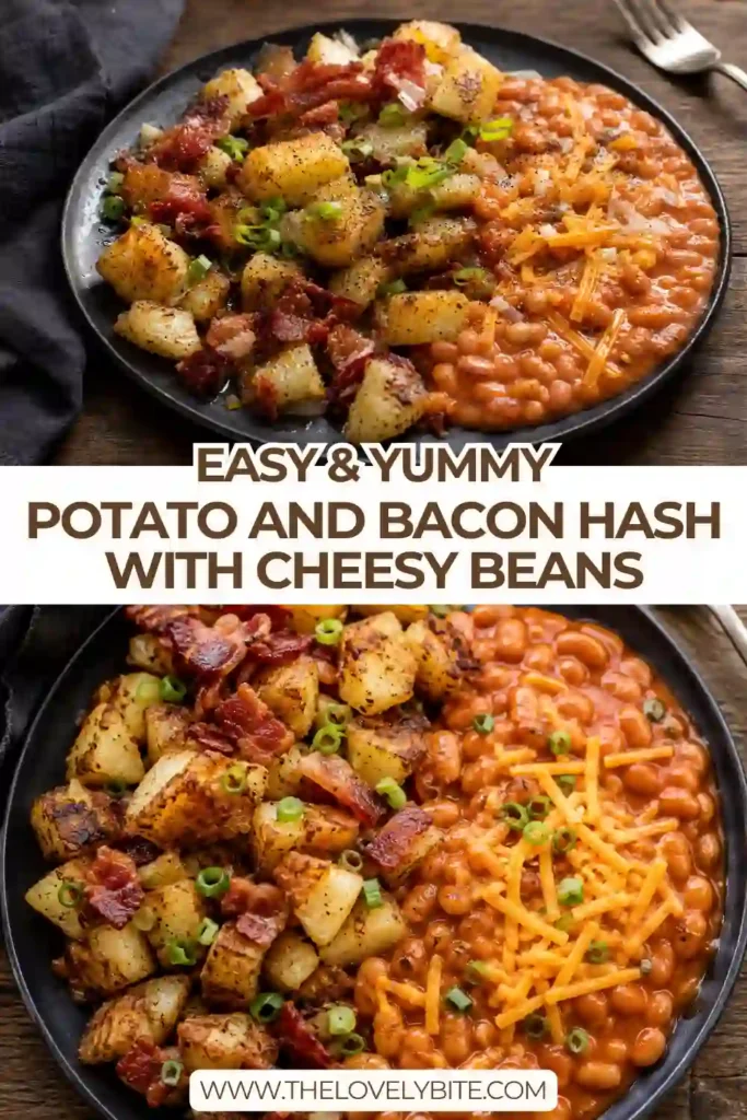 A skillet-style potato and bacon hash made with golden diced potatoes, savory turkey ham, onions, and cheesy baked beans. The dish is finished with melted cheese, black pepper, and fresh spring onions.