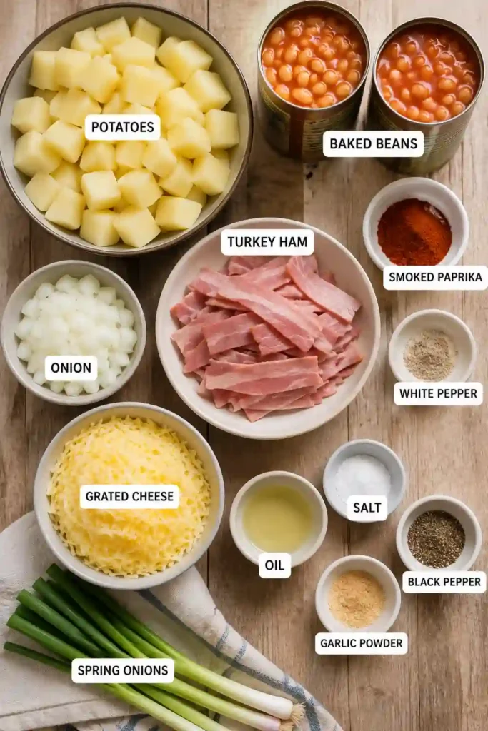 An easy potato hash served with smoky baked beans, melted cheese, turkey ham, and spring onions. The crispy potatoes are lightly seasoned with garlic powder and black pepper.