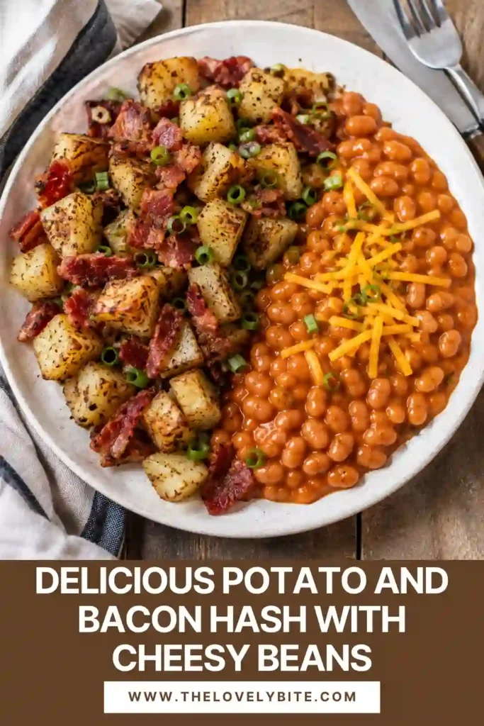 A hearty potato breakfast hash featuring crispy golden potatoes, turkey ham, softened onions, and smoky cheesy baked beans. Melted cheese and chopped spring onions finish the colorful dish.