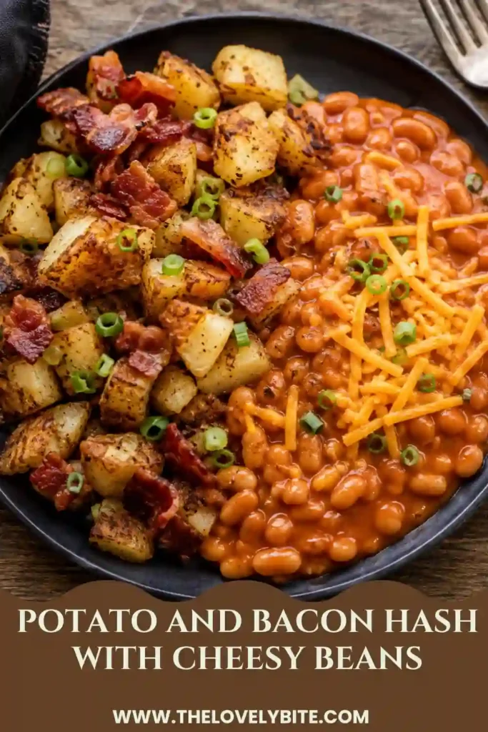 A plate of potato and bacon hash made with crisp skillet potatoes, turkey ham, onions, and creamy cheesy baked beans. Black pepper and spring onions garnish the finished meal.