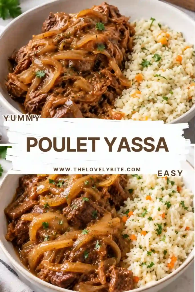 A plate of Poulet Yassa featuring tender chicken thighs covered in caramelized onions and a glossy lemon mustard sauce. The Senegalese chicken is served with fluffy white rice.
