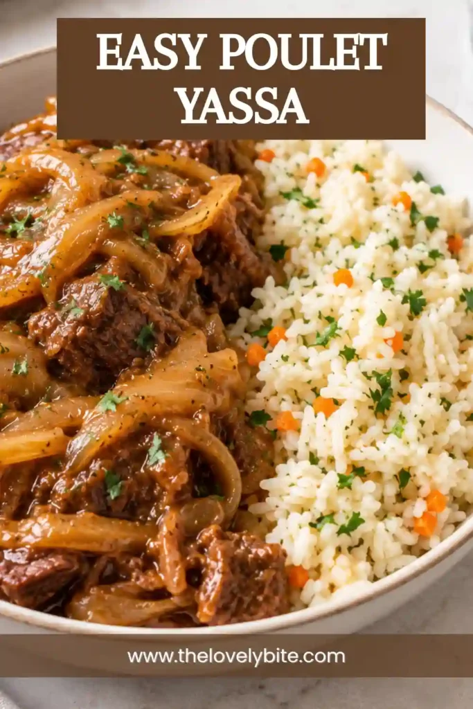 Authentic Senegalese chicken served with a rich caramelized onion sauce and fluffy rice. The Poulet Yassa has golden chicken, sliced onions, and a vibrant lemon mustard flavor.