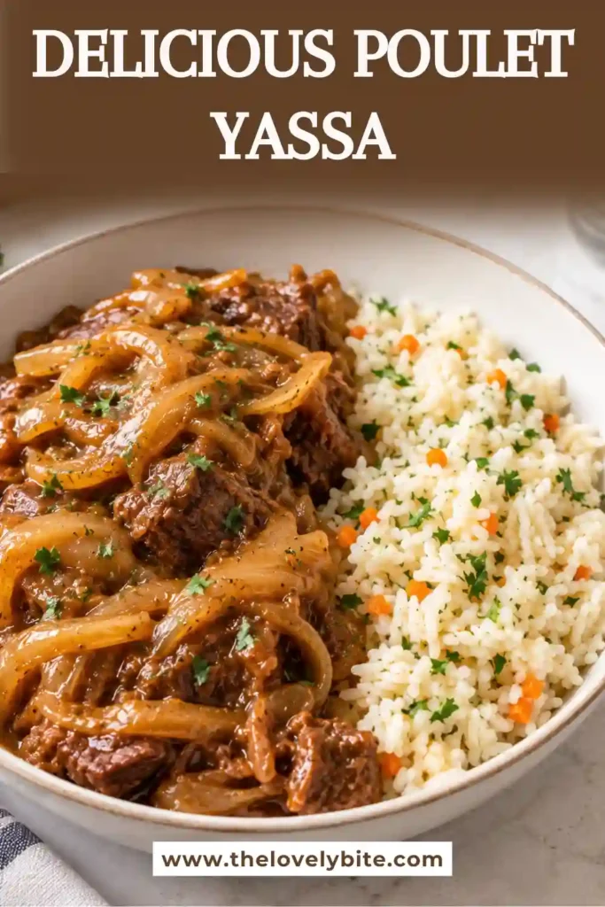 Poulet Yassa chicken thighs simmered with thinly sliced onions, garlic, lemon juice, and mustard. The flavorful Senegalese chicken is paired with steamed rice.