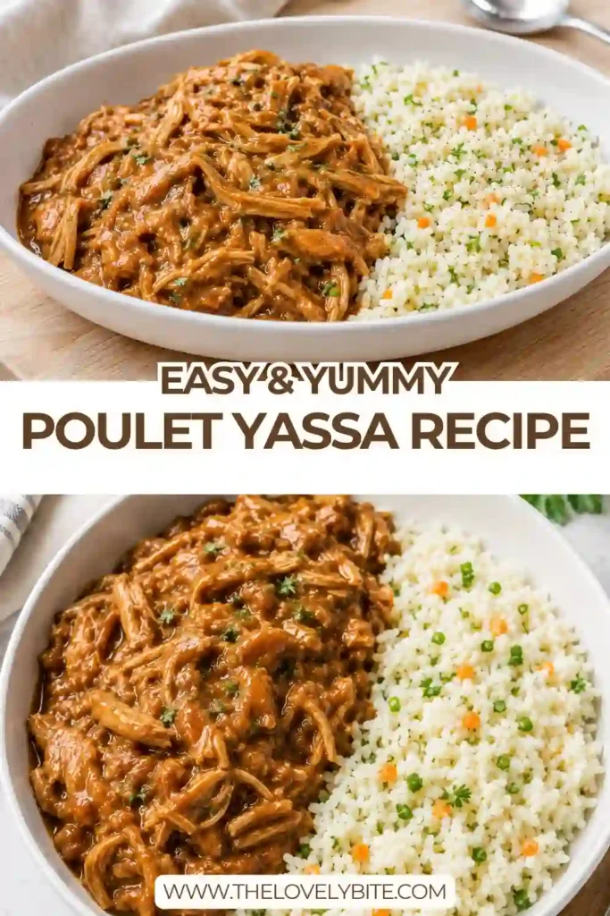 A bowl of tender Poulet Yassa chicken surrounded by caramelized onions and a rich golden sauce, served with fluffy white rice. The Senegalese chicken recipe highlights lemon, mustard, garlic, and spices.