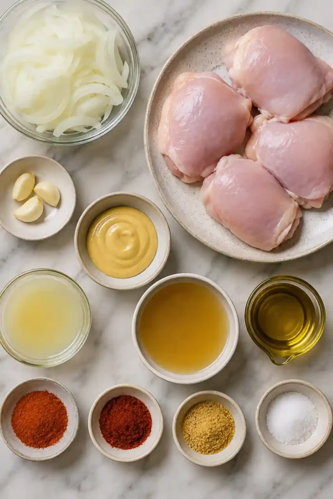 A comforting West African chicken recipe made with chicken thighs, sliced onions, lemon juice, mustard, garlic, and spices. The finished Yassa chicken is served with rice and a rich caramelized onion sauce.