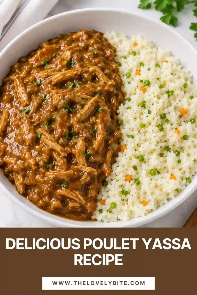Senegalese chicken thighs cooked with lemon, mustard, garlic, and caramelized onions, served alongside steamed rice. The golden sauce coats the chicken for a flavorful Yassa chicken dish.