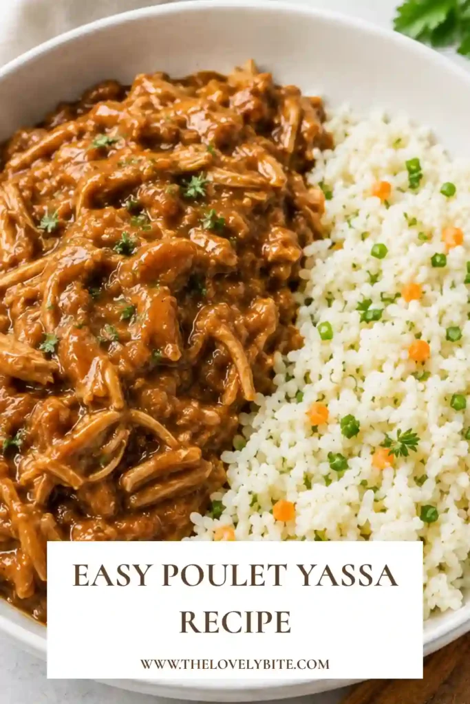 Authentic Poulet Yassa featuring browned chicken thighs and tender caramelized onions in a lemony mustard sauce. The dish is served with white rice for soaking up the flavorful sauce.