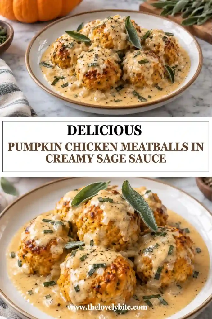 Pumpkin Chicken Meatballs served in a creamy sage sauce with fresh sage and cracked black pepper. The tender ground chicken meatballs are made with pumpkin purée for a cozy fall dinner.