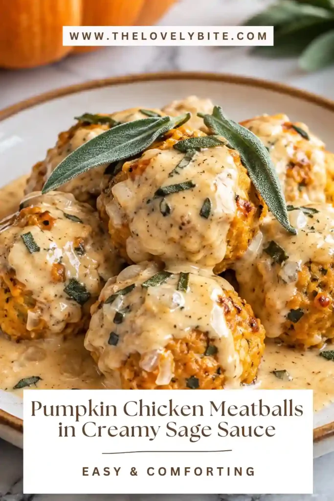 Golden chicken and pumpkin meatballs coated in a rich creamy garlic sage sauce. This easy fall dinner features tender meatballs with pumpkin purée and fresh herbs.
