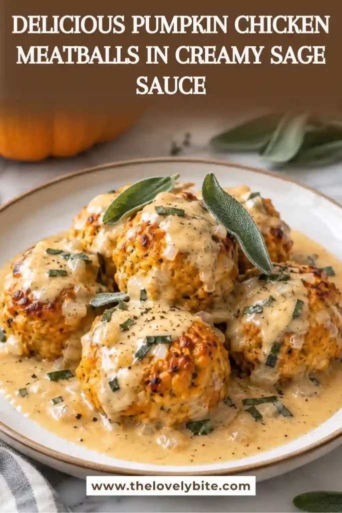 Creamy pumpkin chicken meatballs served in a shallow bowl with fresh sage leaves. The savory ground chicken meatballs are covered in a smooth homemade cream sauce.