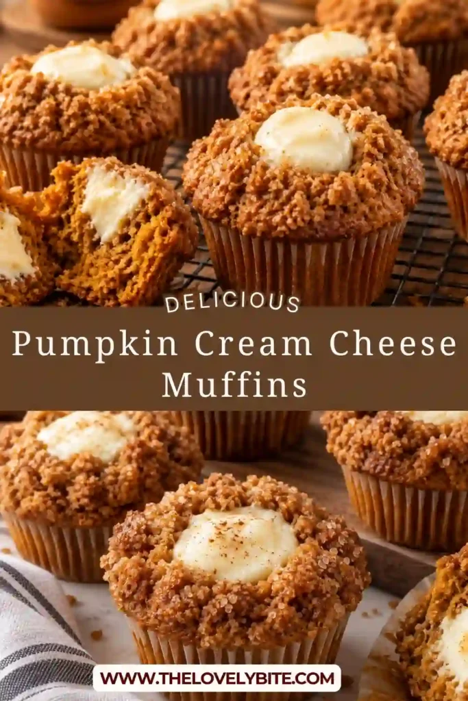 Freshly baked pumpkin cream cheese muffins showing their soft pumpkin crumb and sweet cream cheese filling. Cinnamon and pumpkin pie spice give these fall muffins their classic seasonal flavor.