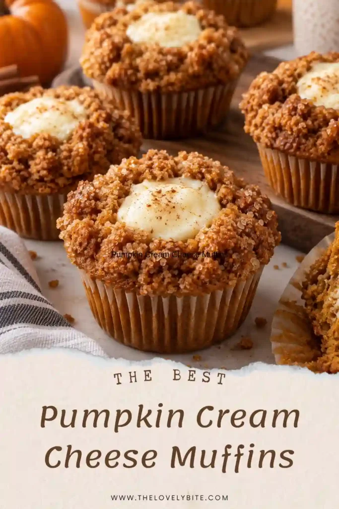 A batch of homemade pumpkin muffins with creamy cream cheese centers and lightly crisp sugar tops. The golden muffins are photographed fresh from the oven for an inviting fall baking scene.