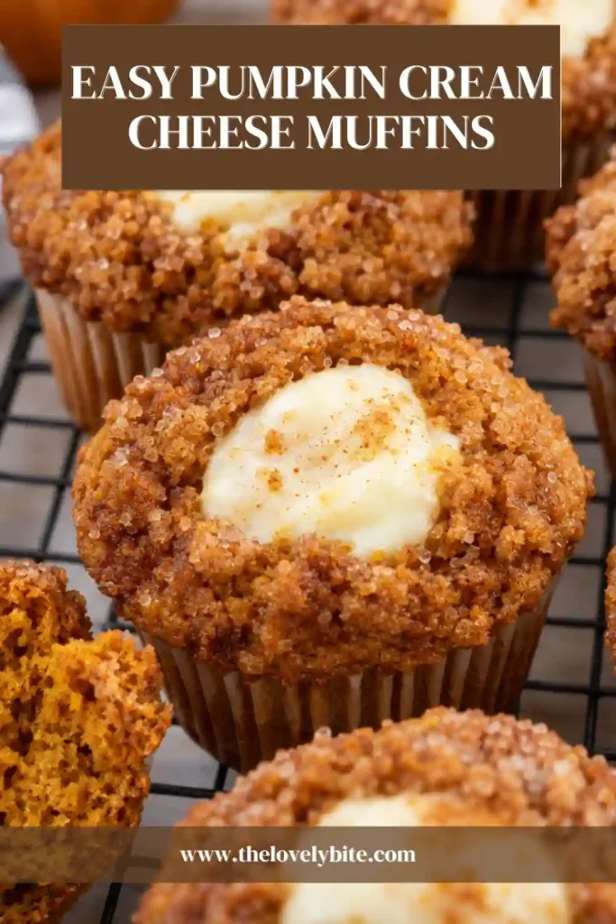 Soft pumpkin spice muffins filled with sweet cream cheese and topped with coarse sugar. These easy pumpkin muffins have warm cinnamon flavor and tender, moist centers.