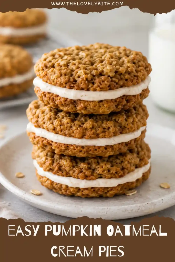 Pumpkin oatmeal cream pies made with soft pumpkin cookies and a creamy cream cheese filling. The oatmeal cookies have warm cinnamon and pumpkin pie spice flavors and are arranged as homemade fall treats.