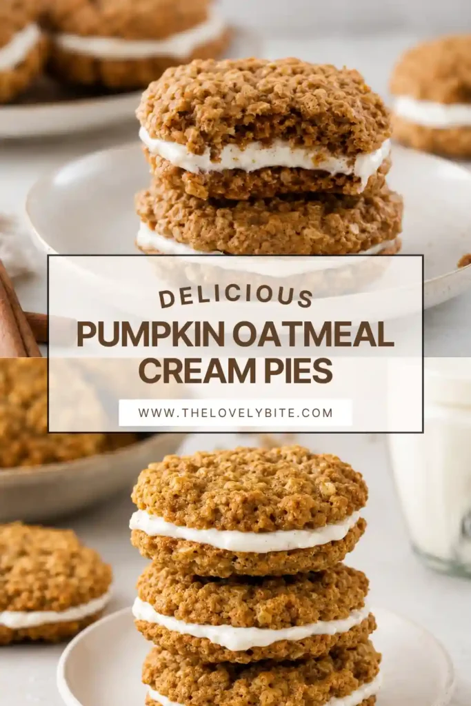 Close-up of pumpkin oatmeal cream pies with a creamy white cream cheese filling between two soft pumpkin cookies. Rolled oats and warm pumpkin spices give these oatmeal cream pies a hearty fall texture.