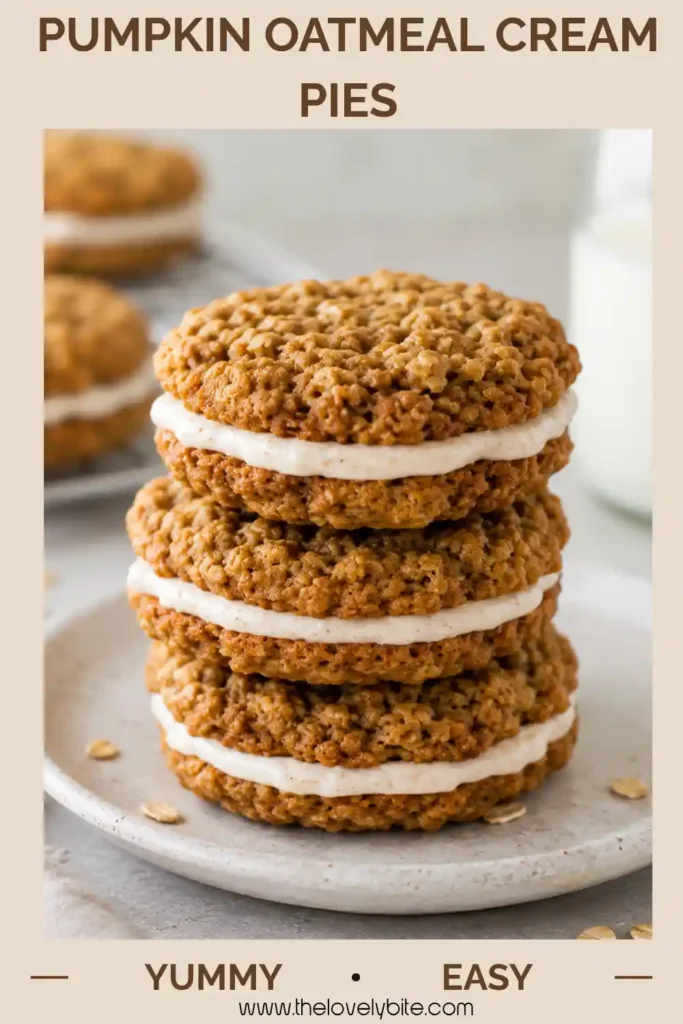 Homemade pumpkin cream pies arranged on a serving plate with soft oatmeal pumpkin cookies and cream cheese filling. These pumpkin cookies are warmly spiced and perfect for an autumn dessert table.