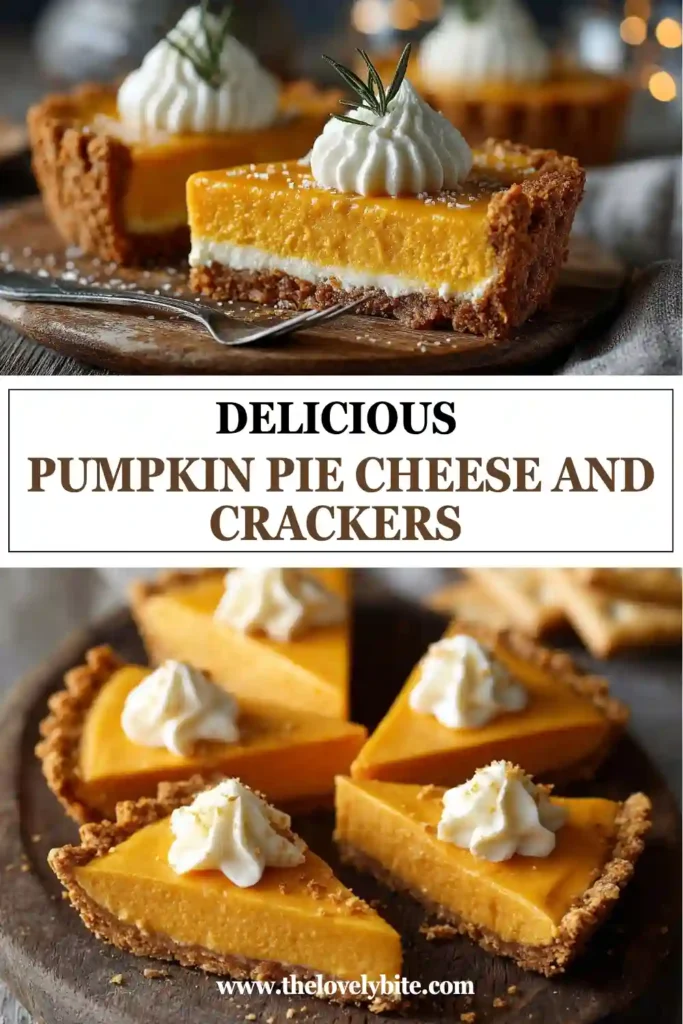 Pumpkin Pie Cheese and Crackers arranged on a serving platter with orange cheddar triangles, crispy cracker bases, and decorative cream cheese swirls. These miniature pie-shaped appetizers make a festive addition to a Thanksgiving snack table.