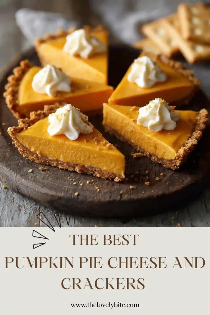 Miniature pumpkin pie-shaped cheese and cracker appetizers displayed on a holiday serving board. Orange cheddar cheese, golden crackers, and piped cream cheese create a colorful fall party snack.
