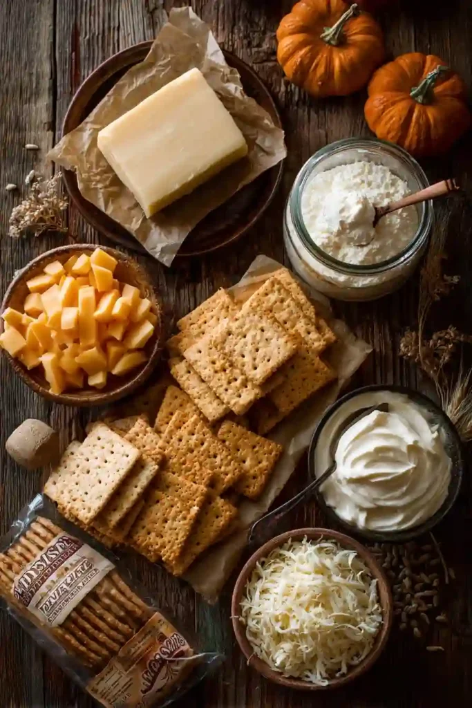 Easy no-bake Thanksgiving snacks featuring cheddar cheese triangles on crispy crackers with decorative cream cheese toppings. These savory pumpkin pie-inspired bites are arranged for a festive autumn gathering.
