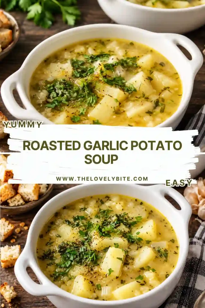 A warm bowl of Roasted Garlic Potato Soup with tender potatoes, roasted garlic, and fresh parsley. This creamy garlic potato soup has a thick, comforting texture made without heavy cream.