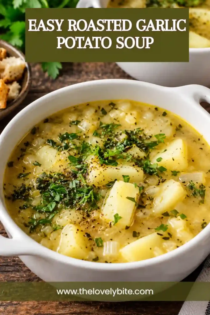 Homemade Roasted Garlic Potato Soup served hot with fresh parsley and black pepper. The easy potato soup combines tender potatoes with sweet, mellow roasted garlic.