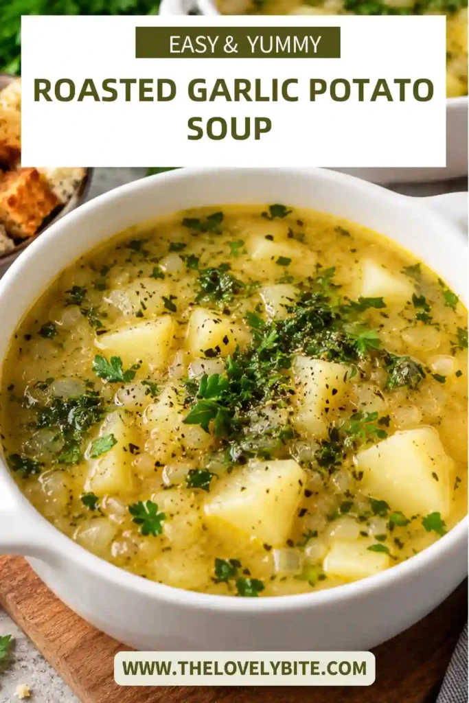 Creamy garlic potato soup in a bowl with chunks of tender potato and fresh herbs. This vegetarian potato soup gets its rich texture from partially mashed potatoes.