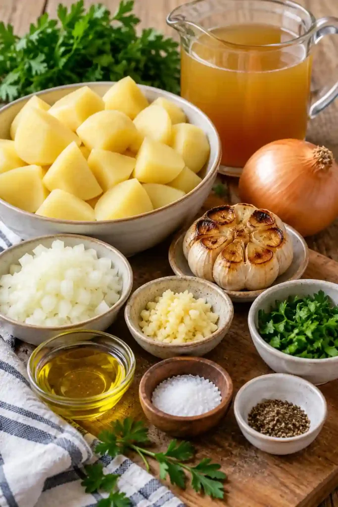 A cozy bowl of homemade potato soup made with roasted garlic, vegetable broth, onion, and parsley. The creamy soup has a rustic texture with tender pieces of potato.
