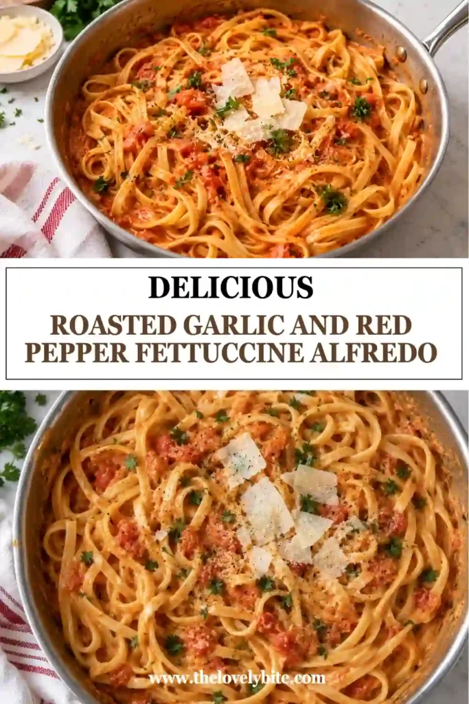 A bowl of Roasted Garlic and Red Pepper Fettuccine Alfredo with creamy red pepper Alfredo sauce coating tender fettuccine. Fresh parsley and grated Parmesan add color and texture to the finished roasted garlic pasta.