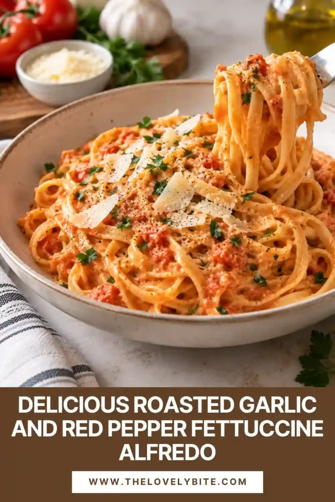 Close-up of creamy red pepper pasta made with roasted garlic, Parmesan, cream, and fettuccine. The smooth orange-red Alfredo sauce coats every strand and is finished with fresh parsley and Parmesan.
