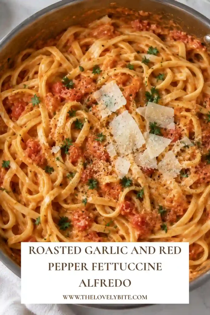Roasted Garlic and Red Pepper Fettuccine Alfredo served in a bowl with freshly grated Parmesan and chopped parsley. The creamy homemade Alfredo sauce gives the fettuccine a warm orange-red color.