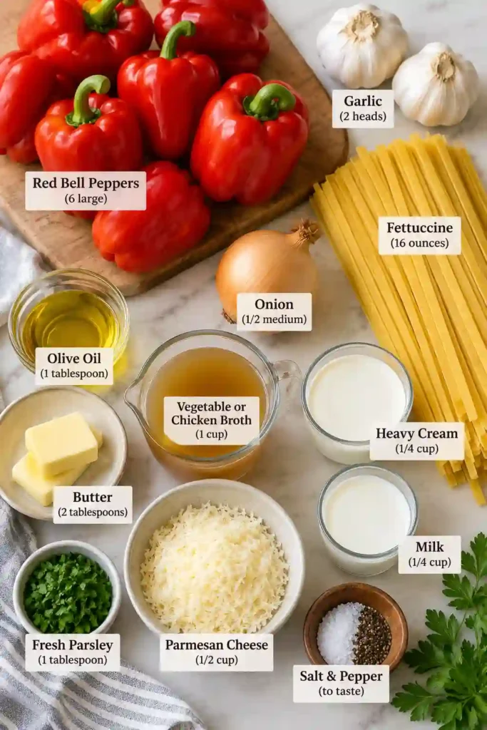 A serving of roasted garlic pasta tossed with creamy red pepper Alfredo sauce and fettuccine. Parmesan cheese and fresh parsley garnish the top for a simple, flavorful finish.