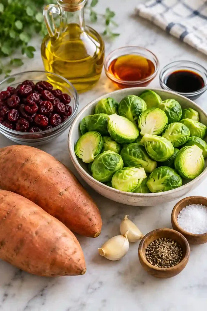 Roasted sweet potatoes and Brussels sprouts tossed with dried cranberries and a maple-balsamic glaze. The colorful roasted vegetables have tender centers and caramelized edges.