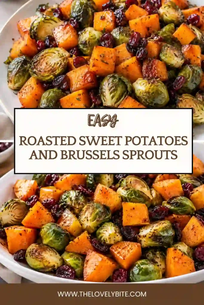 . Roasted sweet potatoes and cranberries served with golden Brussels sprouts in a maple balsamic glaze. This colorful combination makes an easy fall vegetable side dish.