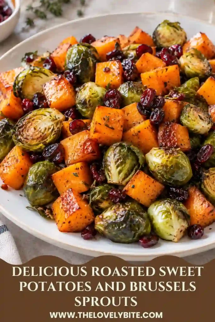 Maple roasted vegetables featuring sweet potatoes, Brussels sprouts, dried cranberries, and garlic. The vegetables are oven-roasted until tender with lightly browned edges.