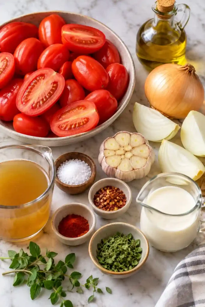 Creamy Roasted Tomato Soup served in a bowl with a smooth, vibrant tomato-red finish. This homemade tomato soup is made with roasted Roma tomatoes, garlic, onion, and herbs.