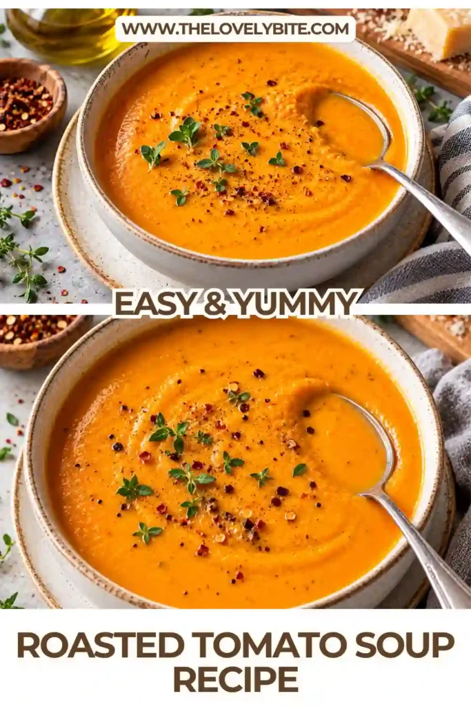A warm bowl of Roasted Tomato Soup made with oven-roasted tomatoes and garlic. The creamy tomato soup has a smooth texture and rich roasted vegetable flavor.
