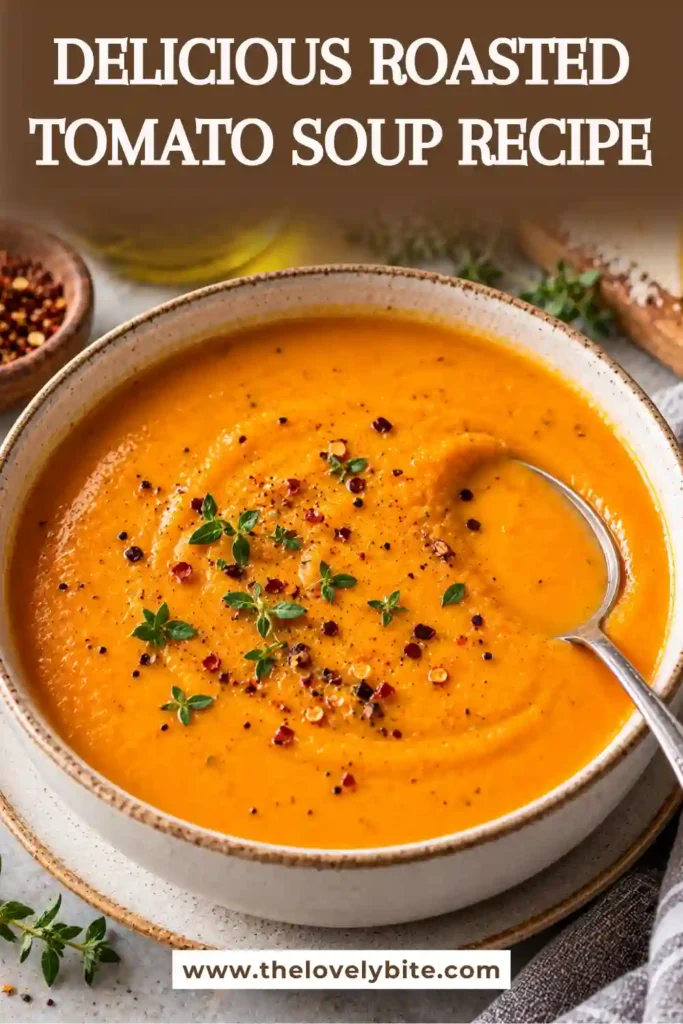 Homemade oven roasted tomato soup served hot with toasted bread. Roasted tomatoes, onion, garlic, oregano, and smoked paprika create a rich and comforting soup.