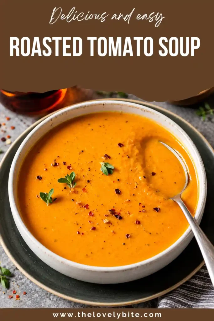 Smooth tomato garlic soup made from roasted Roma tomatoes, onion, garlic, and savory seasonings. This easy tomato soup recipe has a creamy texture and deep roasted flavor.
