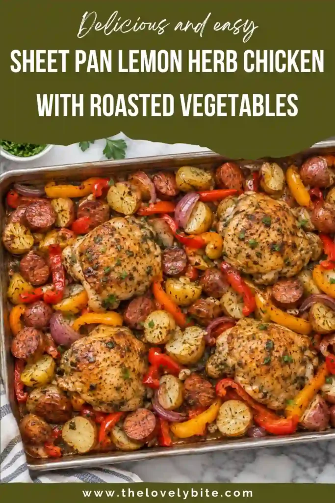 A serving of sheet pan chicken thighs with roasted vegetables, including golden baby potatoes, tender carrots, and sweet bell peppers. The lemon herb chicken is garnished with fresh parsley for a colorful, satisfying family dinner.